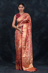 Women in Rose Gold Floral Jaal Woven Tissue Silk Saree By Chinaya Banaras