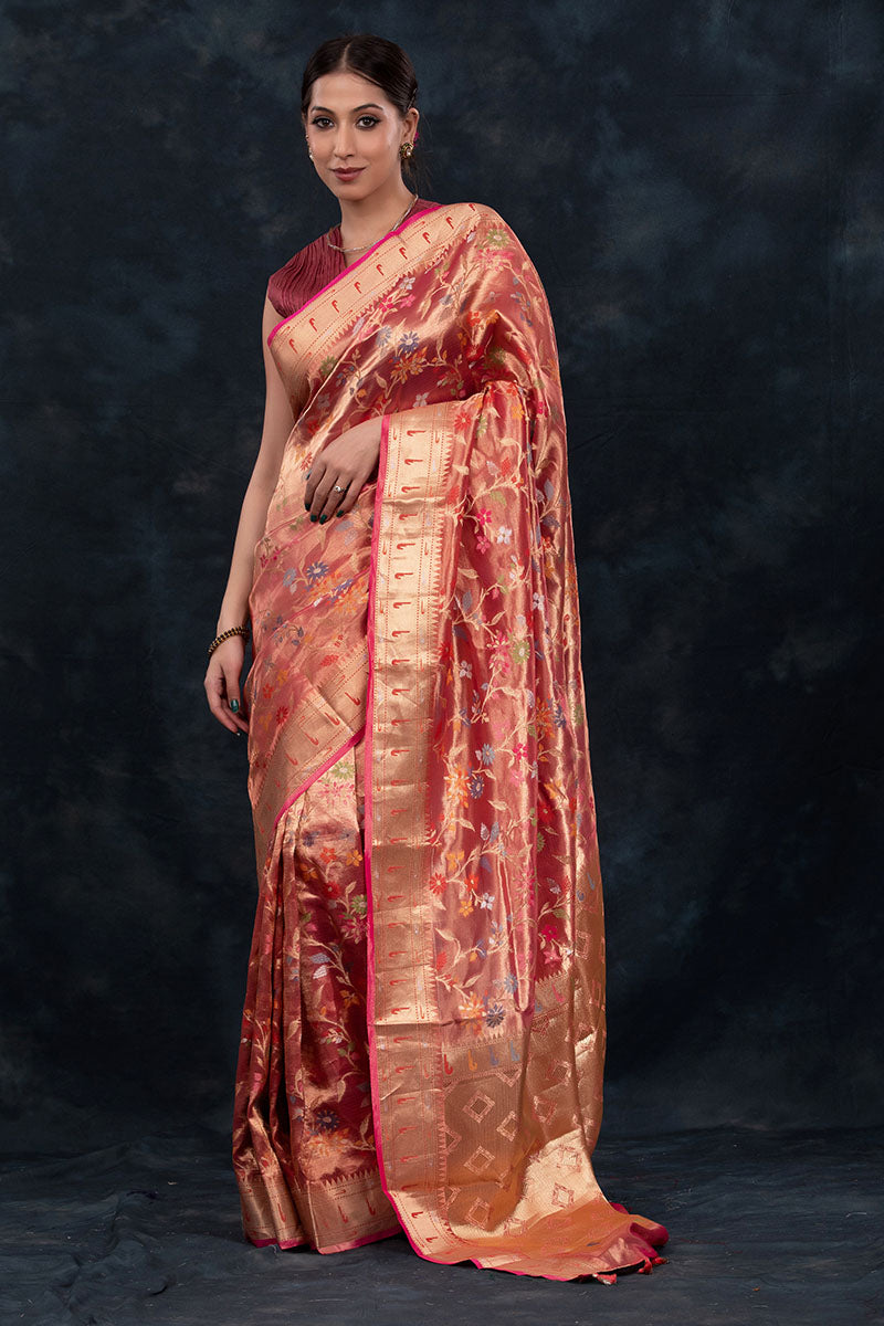 Rose Gold Floral Jaal Woven Tissue Silk Saree - Chinaya Banaras