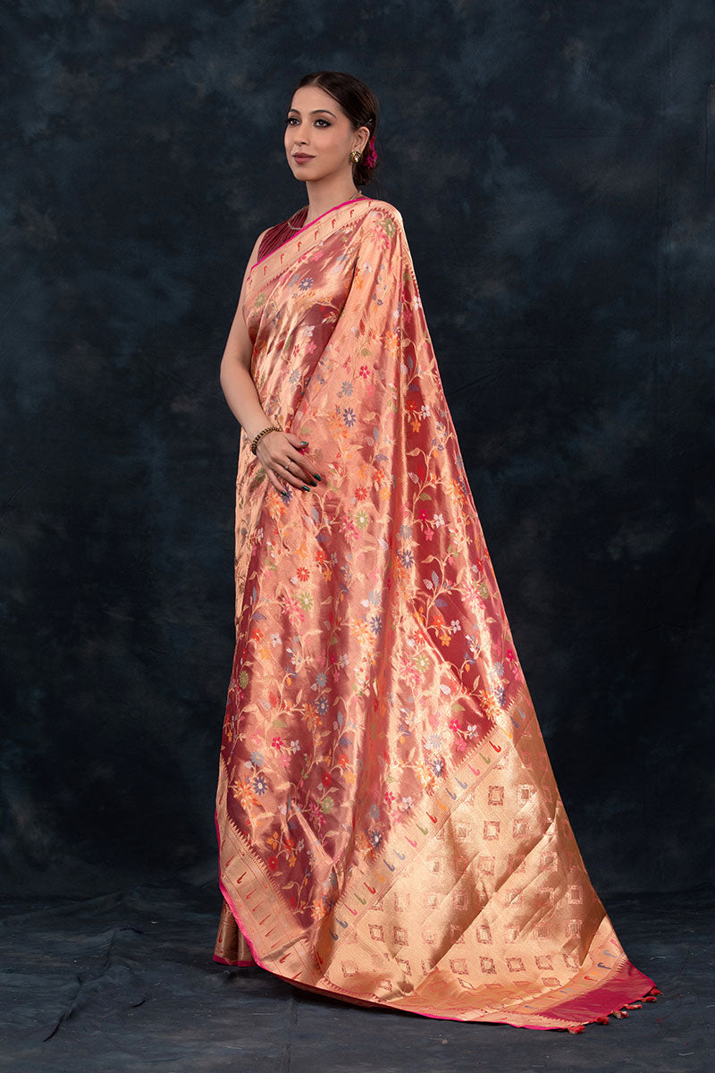 Rose Gold Floral Jaal Woven Tissue Silk Saree - Chinaya Banaras