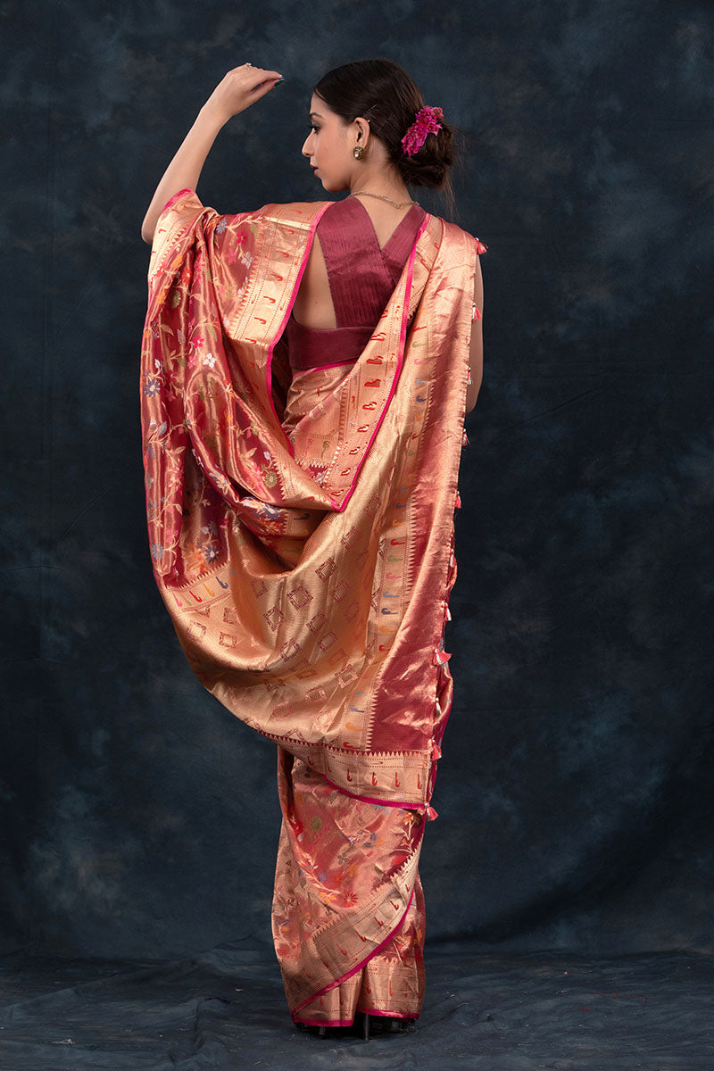 Rose Gold Floral Jaal Woven Tissue Silk Saree