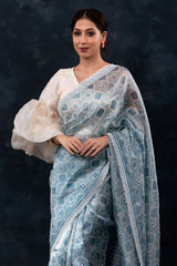 Sparkling Blue Geometrical Printed Embellished Tissue Silk Saree - Chinaya Banaras