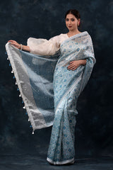 Sparkling Blue Geometrical Printed Embellished Tissue Silk Saree - Chinaya Banaras