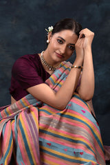Dusty Purple Striped Rangkat Woven Tussar Khaddi Silk Saree