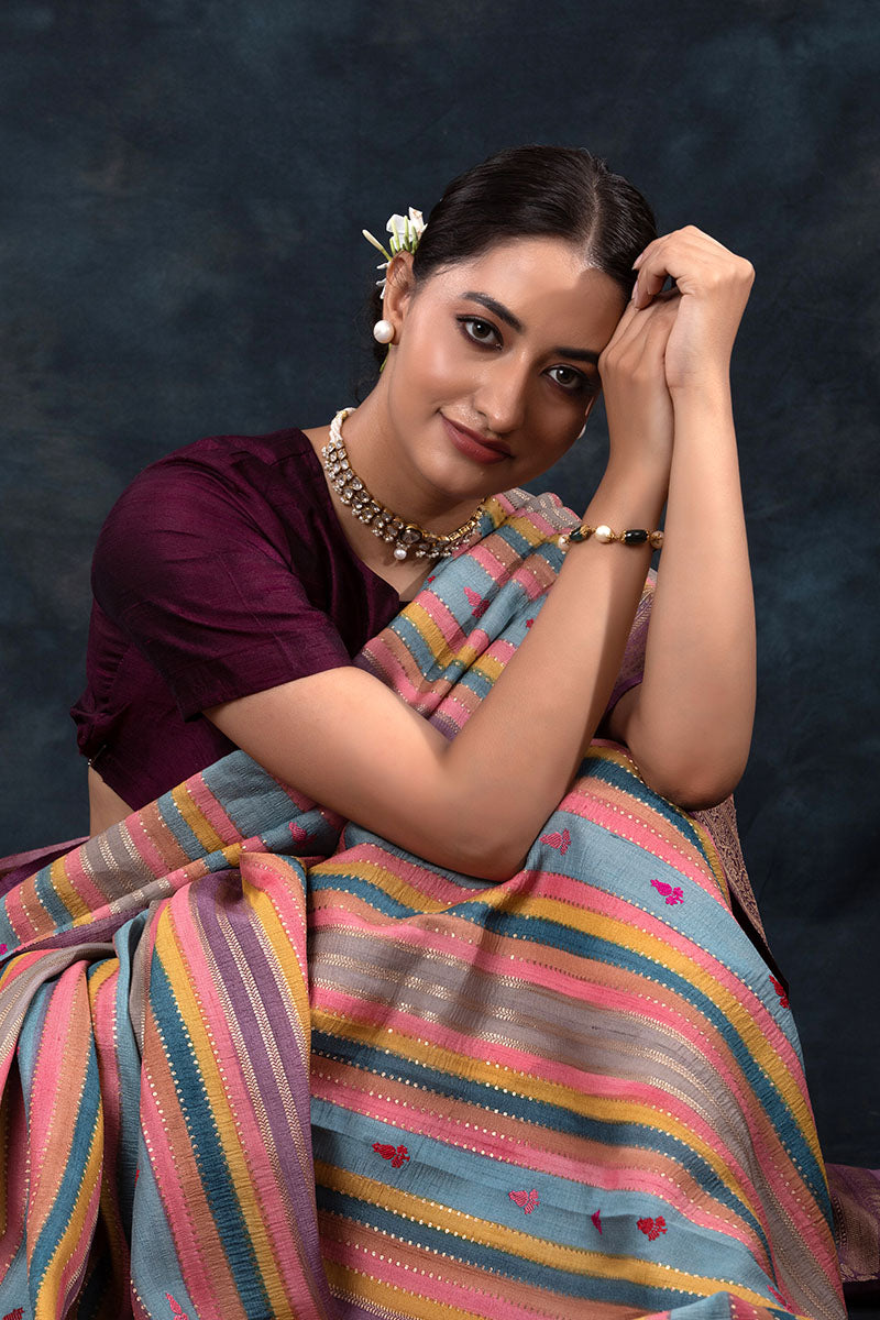 Dusty Purple Striped Rangkat Woven Tussar Khaddi Silk Saree