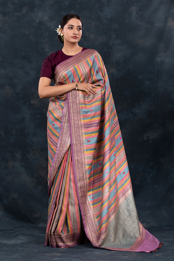 Women in Dusty Purple Striped Rangkat Woven Tussar Khaddi Silk Saree At Chinaya Banaras