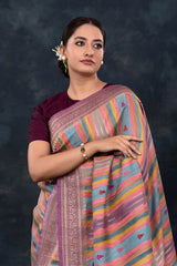 Dusty Purple Striped Rangkat Woven Tussar Khaddi Silk Saree - Chinaya Banaras