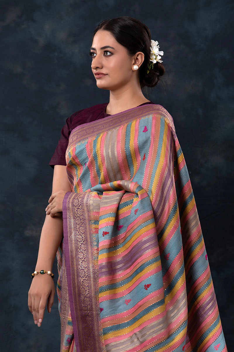 Dusty Purple Striped Rangkat Woven Tussar Khaddi Silk Saree - Chinaya Banaras