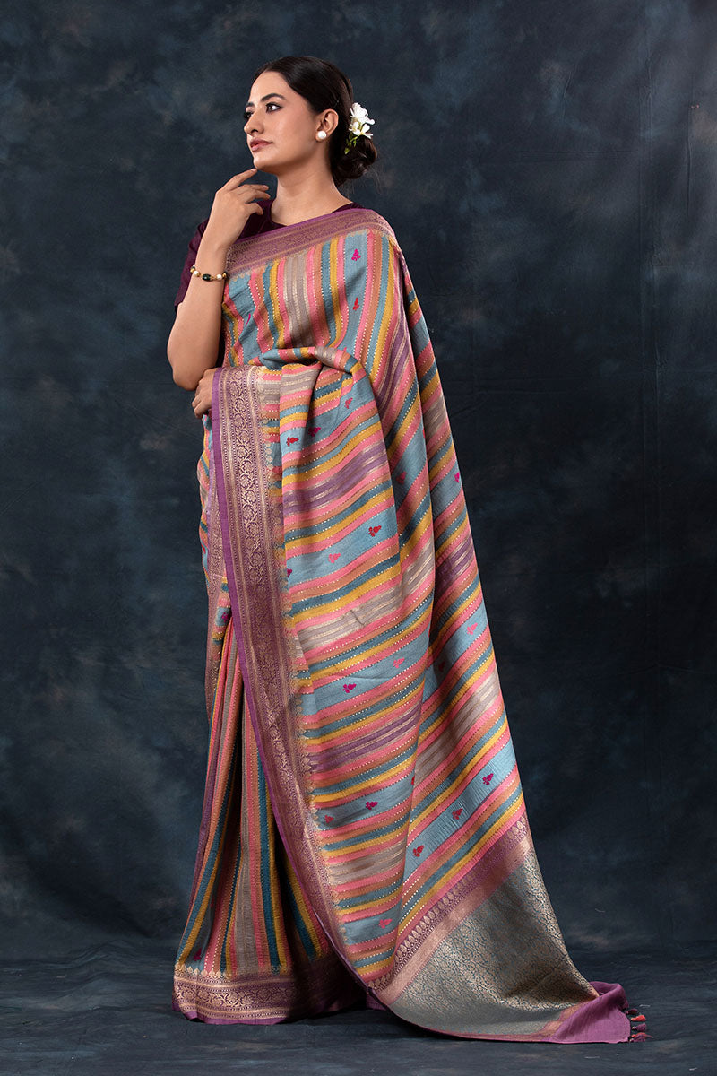 Dusty Purple Striped Rangkat Woven Tussar Khaddi Silk Saree - Chinaya Banaras