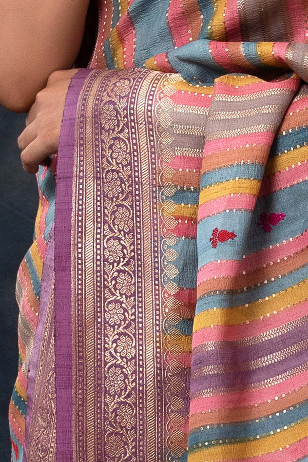 Dusty Purple Striped Rangkat Woven Tussar Khaddi Silk Saree - Chinaya Banaras