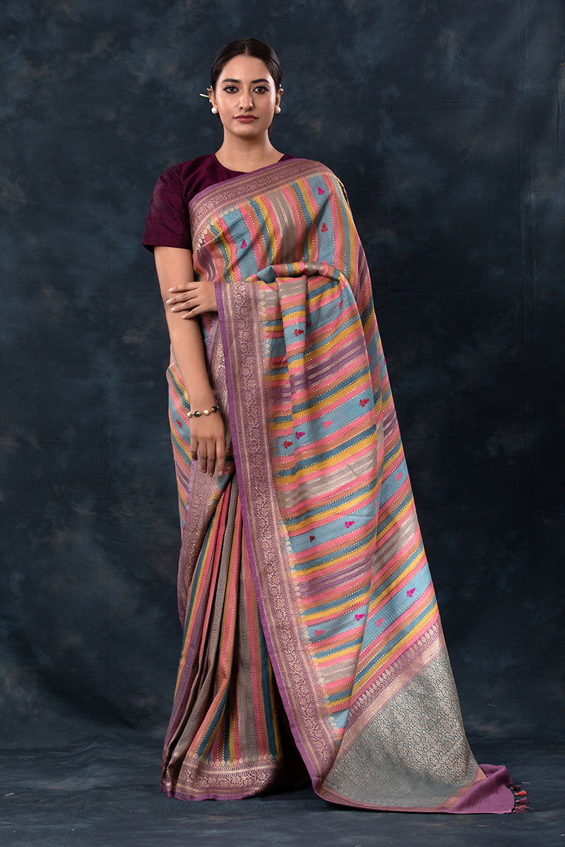 Dusty Purple Striped Rangkat Woven Tussar Khaddi Silk Saree - Chinaya Banaras