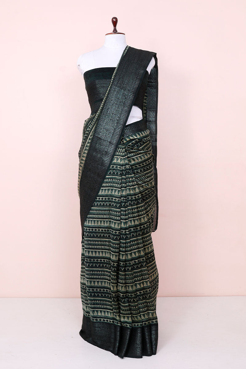  Arctic Green Geometrical Printed Chanderi Silk Saree By Chinaya Banaras 