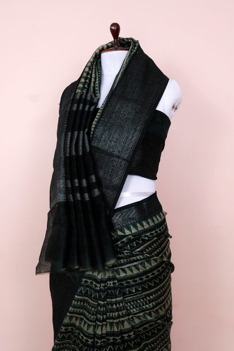 Arctic Green Geometrical Printed Chanderi Silk Saree