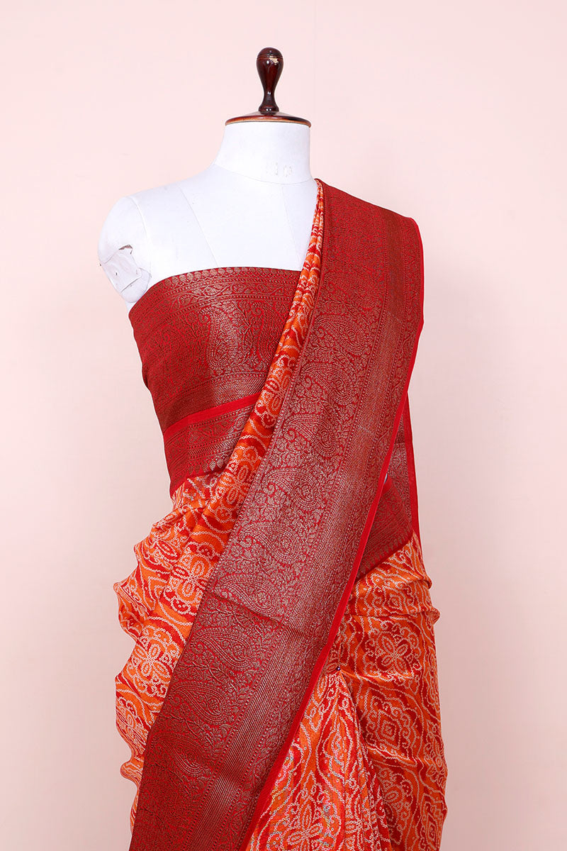 Orange Red Woven Chanderi Silk Saree - Chinaya Banaras