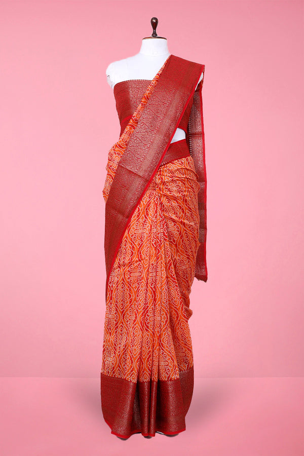 Orange Red Woven Chanderi Silk Saree At Chinaya Banaras