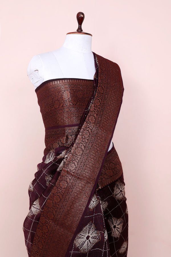 Wine Ethnic Printed Chanderi Silk Saree