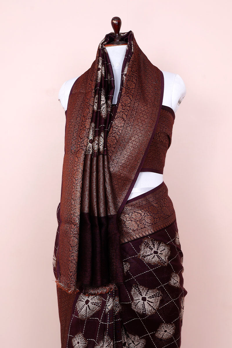 Wine Ethnic Printed Chanderi Silk Saree