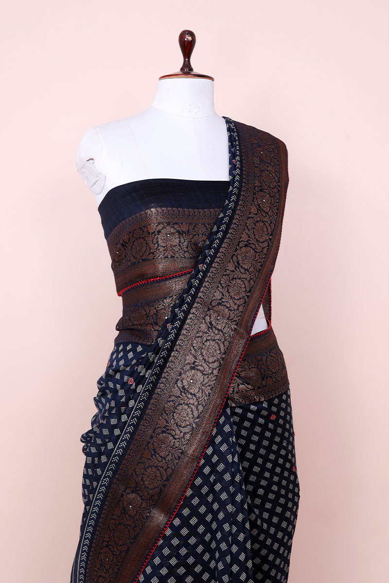 Navy Blue Embellished Chanderi Silk Saree - Chinaya Banaras