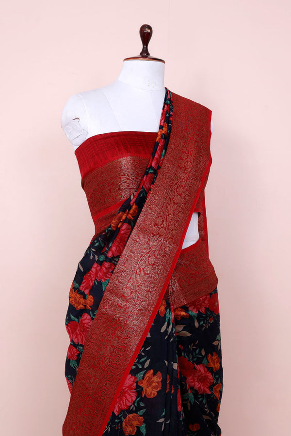 Deep Blue & Red Floral Printed Chanderi Silk Saree - Chinaya Banaras