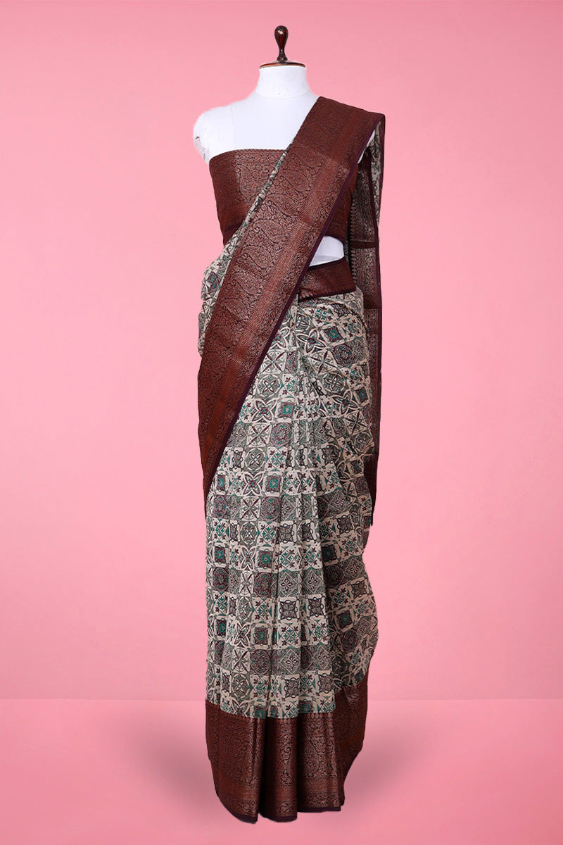 White Ethnic Printed Chanderi Silk Saree By Chinaya Banaras