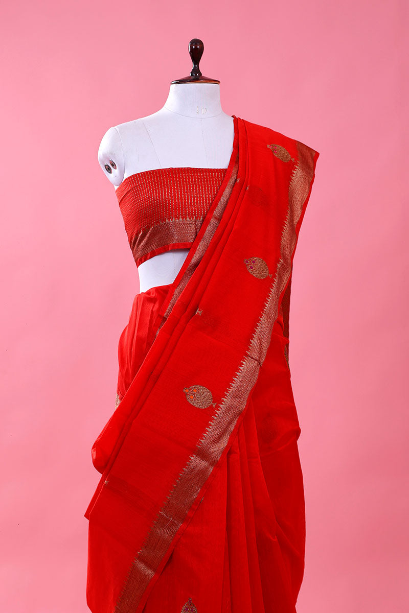 Red Handwoven Chanderi Silk Saree - Chinaya Banaras