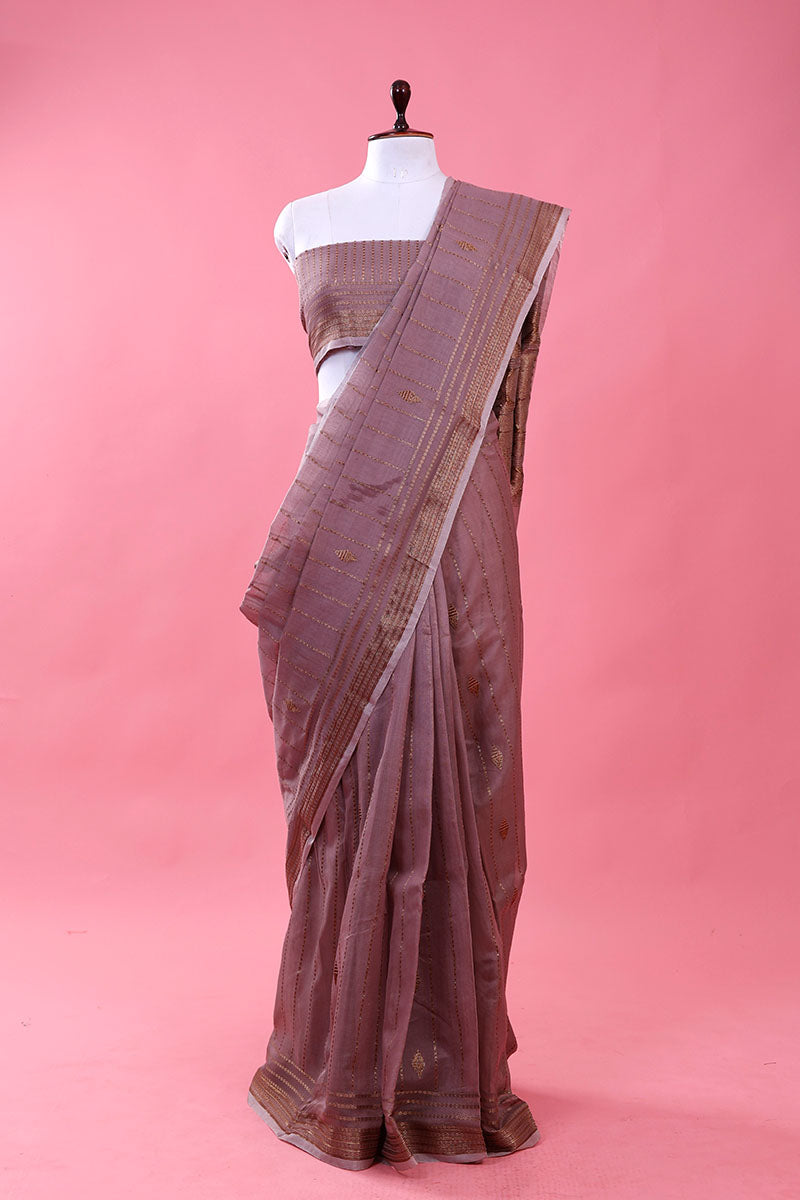 Rust Mauve Handwoven Chanderi Silk Saree By Chinaya Banaras