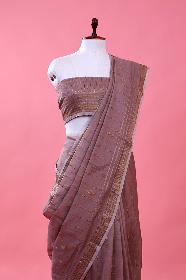 Rust Mauve Handwoven Chanderi Silk Saree - Chinaya Banaras
