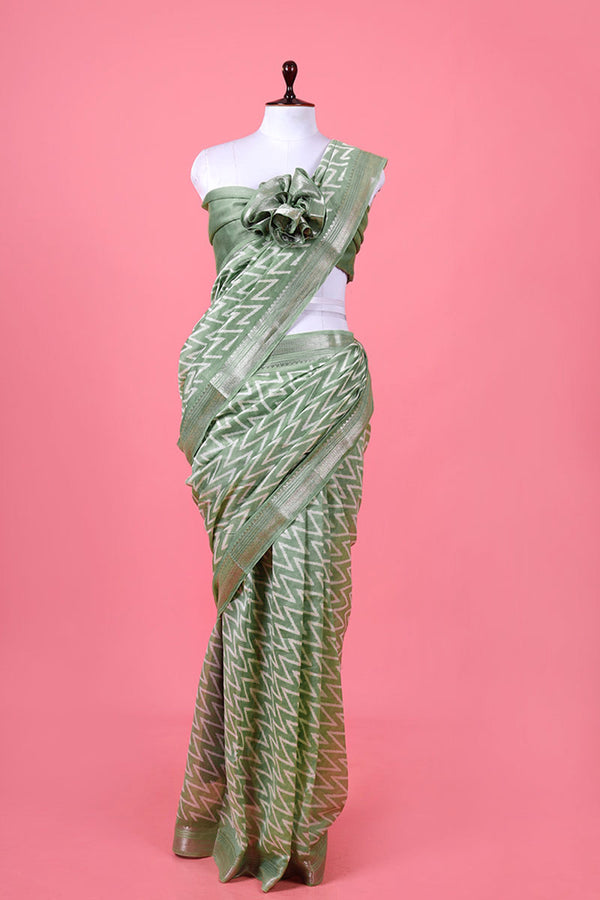 Green Geometrical Printed Chanderi Silk Saree