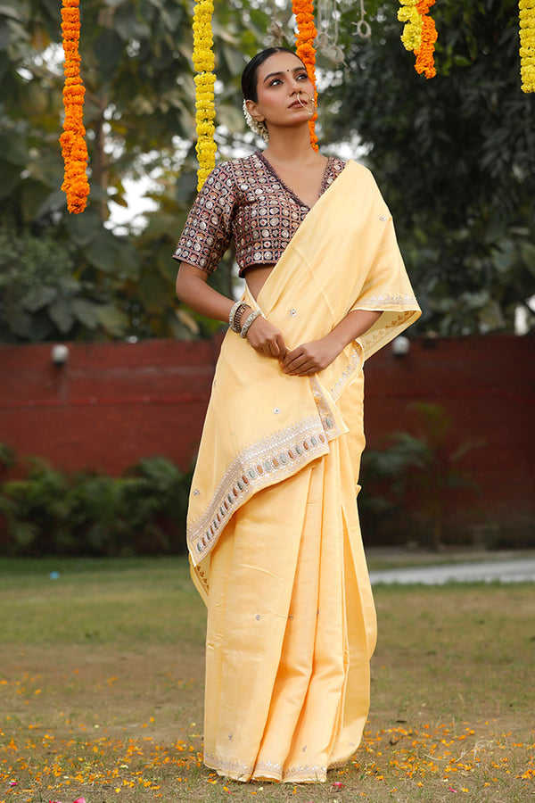Light Yellow Embellished Satin Chanderi Silk Saree