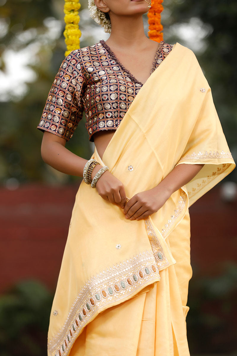 Light Yellow Embellished Satin Chanderi Silk Saree