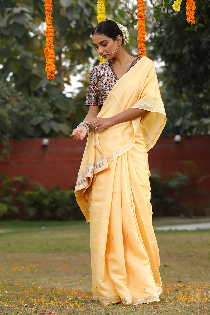 Light Yellow Embellished Satin Chanderi Silk Saree