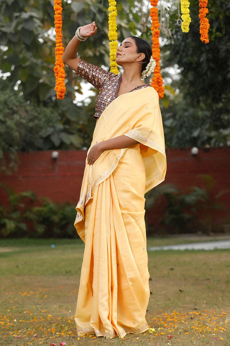 Light Yellow Embellished Satin Chanderi Silk Saree