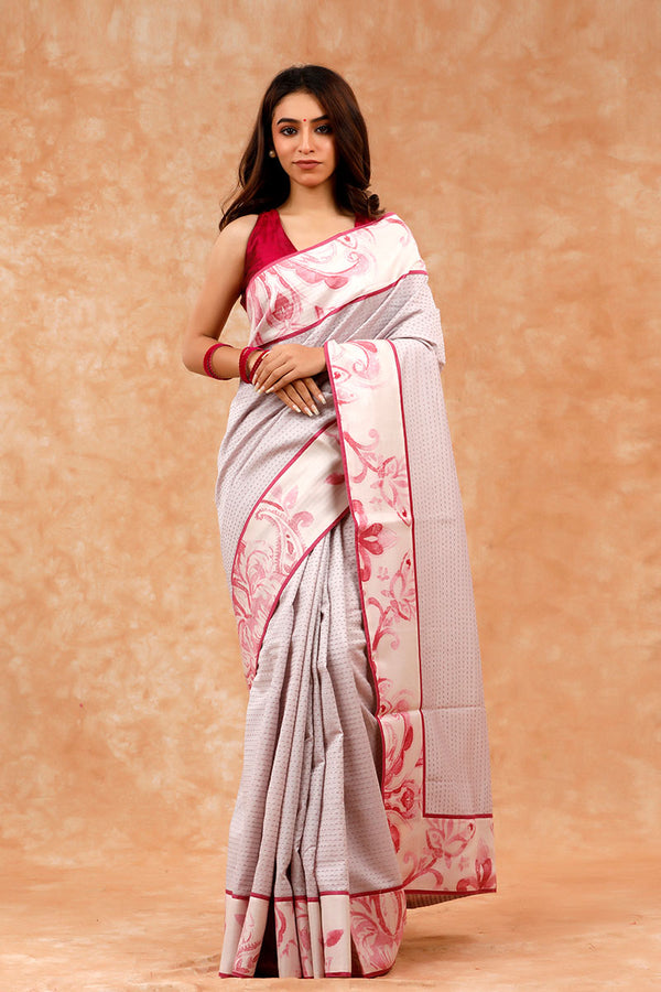 Pink & Grey Kantha Embroidered Chanderi Silk Saree by Chinaya Banaras