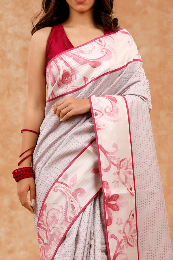 Pink & Grey Kantha Embroidered Chanderi Silk Saree