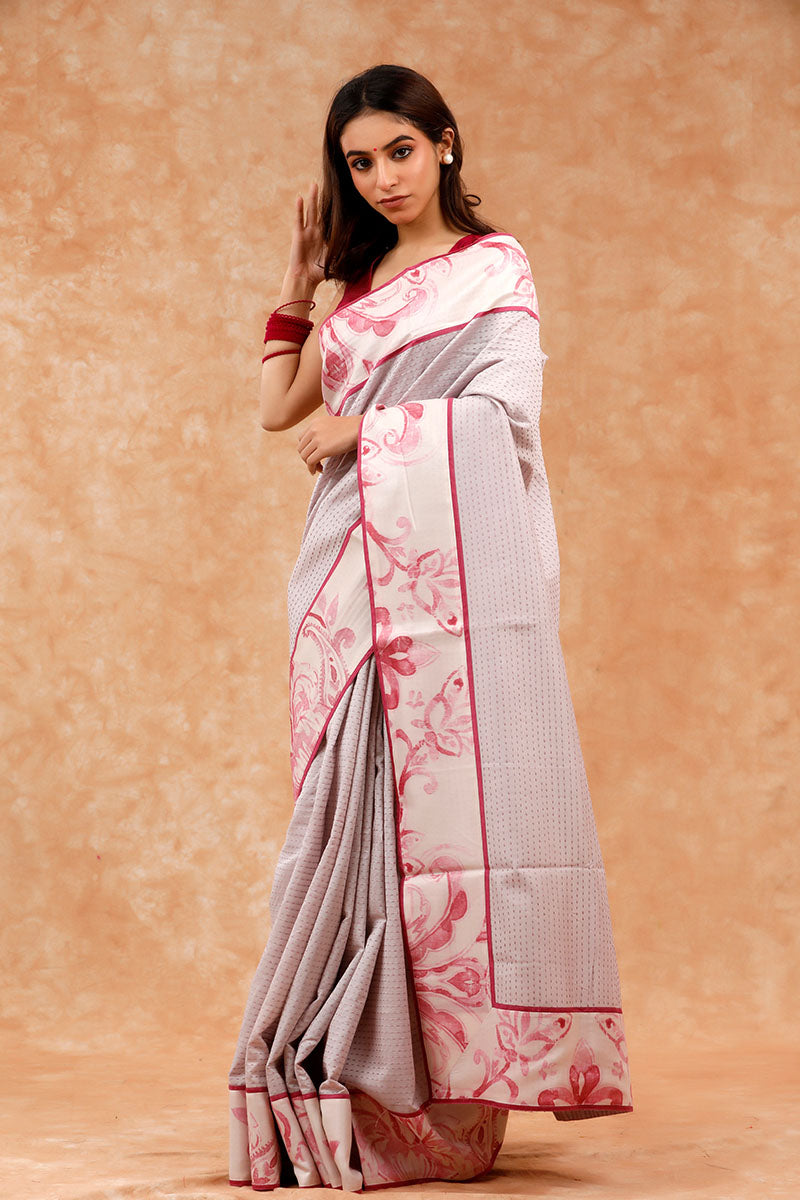 Pink & Grey Kantha Embroidered Chanderi Silk Saree