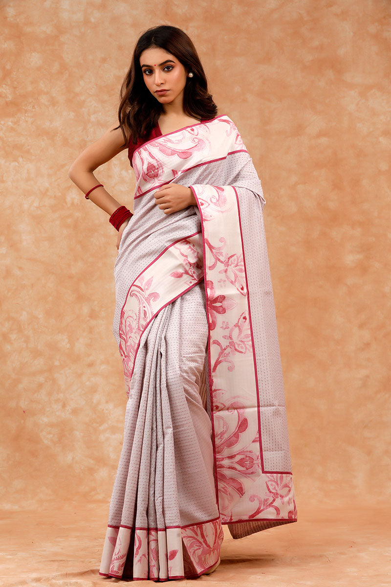Pink & Grey Kantha Embroidered Chanderi Silk Saree