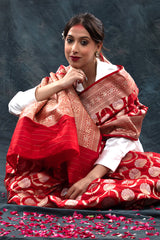 Red saree, Banarasi Silk Saree, Banarasi saree, pure silk saree, wedding saree, party wear saree​
