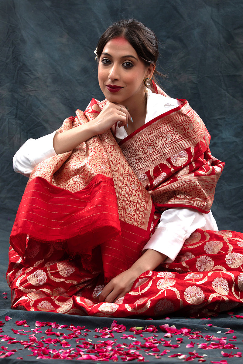 Red saree, Banarasi Silk Saree, Banarasi saree, pure silk saree, wedding saree, party wear saree​
