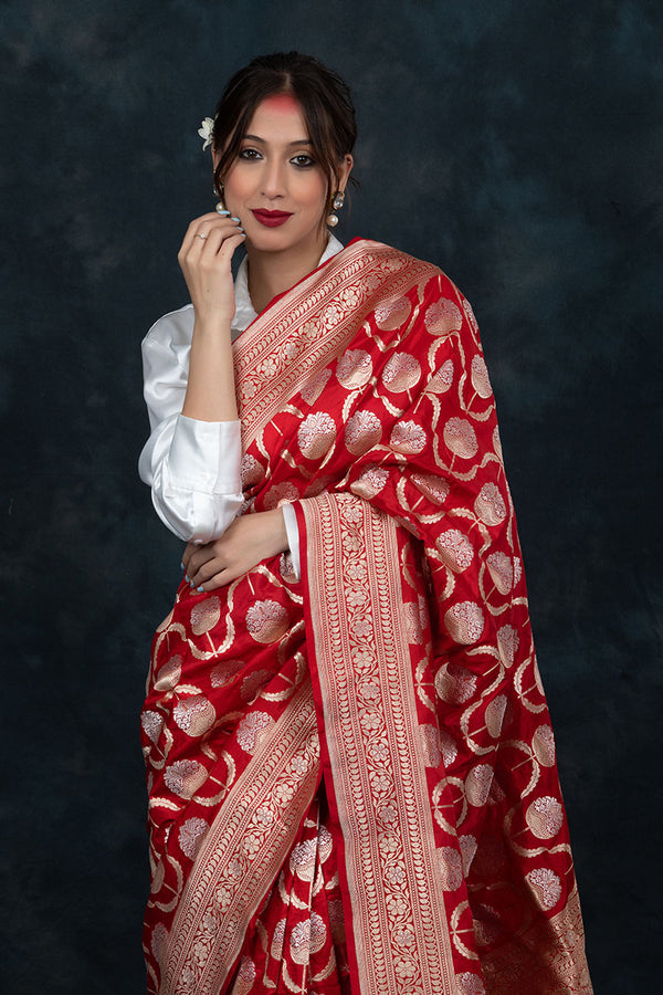 Red Ethnic Handwoven Banarasi Katan Silk Saree - Chinaya Banaras