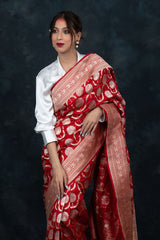 Red Ethnic Handwoven Banarasi Katan Silk Saree - Chinaya Banaras