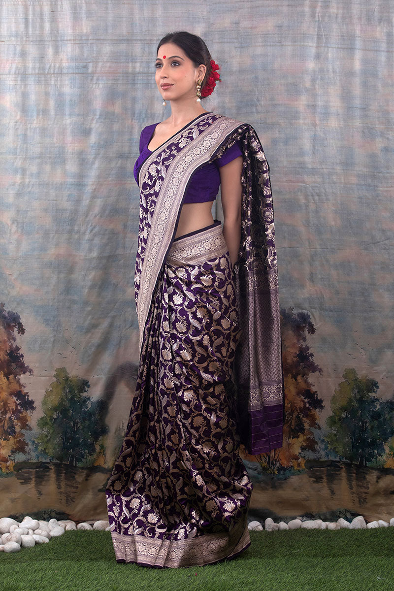 Ink Blue Floral Jaal Woven Banarasi Silk Saree