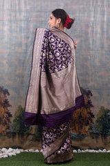 Ink Blue Floral Jaal Woven Banarasi Silk Saree