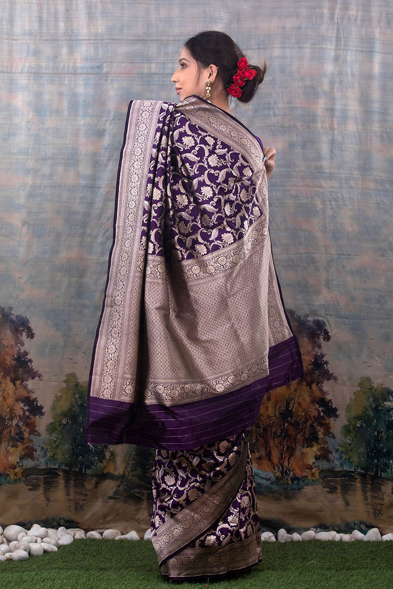 Ink Blue Floral Jaal Woven Banarasi Silk Saree