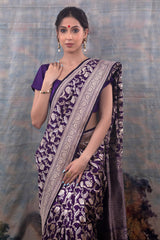 Ink Blue Floral Jaal Woven Banarasi Silk Saree