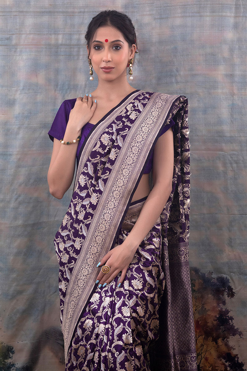 Ink Blue Floral Jaal Woven Banarasi Katan Silk Saree - Chinaya Banaras