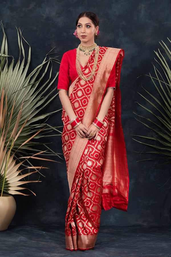 Women In Red Handwoven Banarasi Silk Saree At Chinaya Banaras