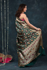 Bottle Green Meenakari Handwoven Banarasi Katan Silk Saree