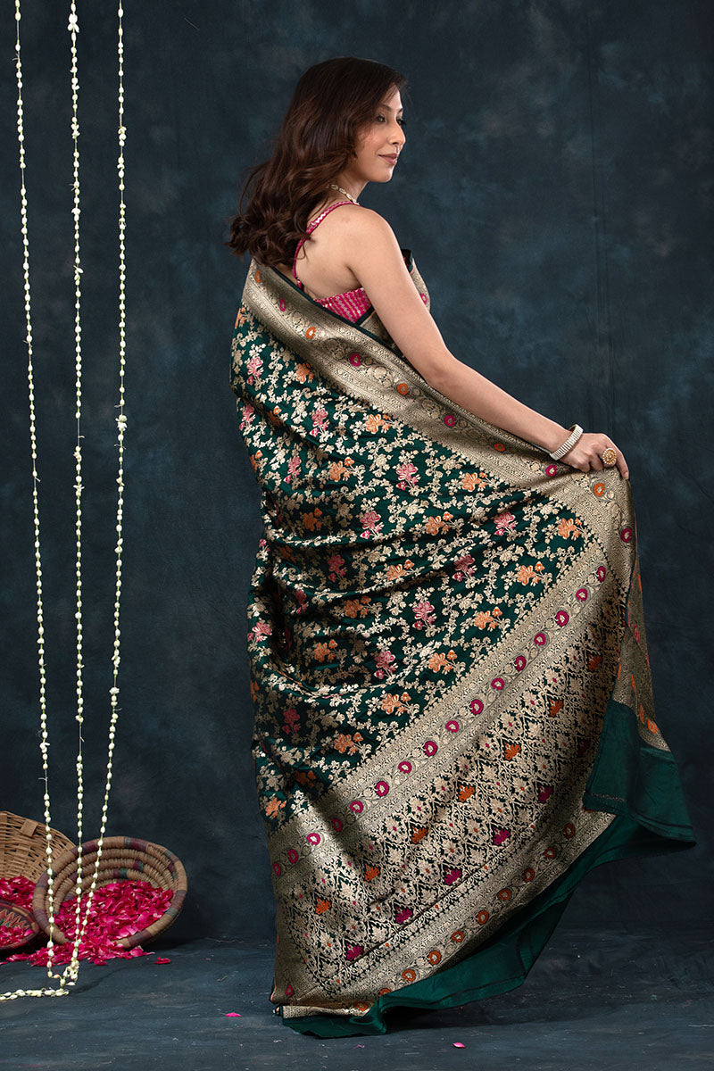 Bottle Green Meenakari Handwoven Banarasi Katan Silk Saree - Chinaya Banaras