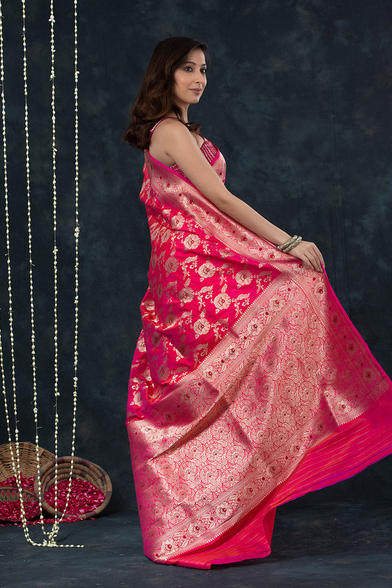 Pink Floral Meenakari Handwoven Banarasi Katan Silk Saree - Chinaya Banaras