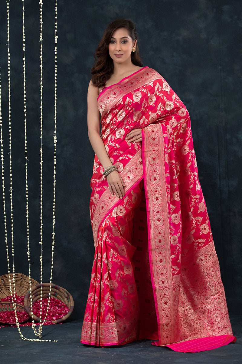 Pink Floral Meenakari Handwoven Banarasi Katan Silk Saree - Chinaya Banaras