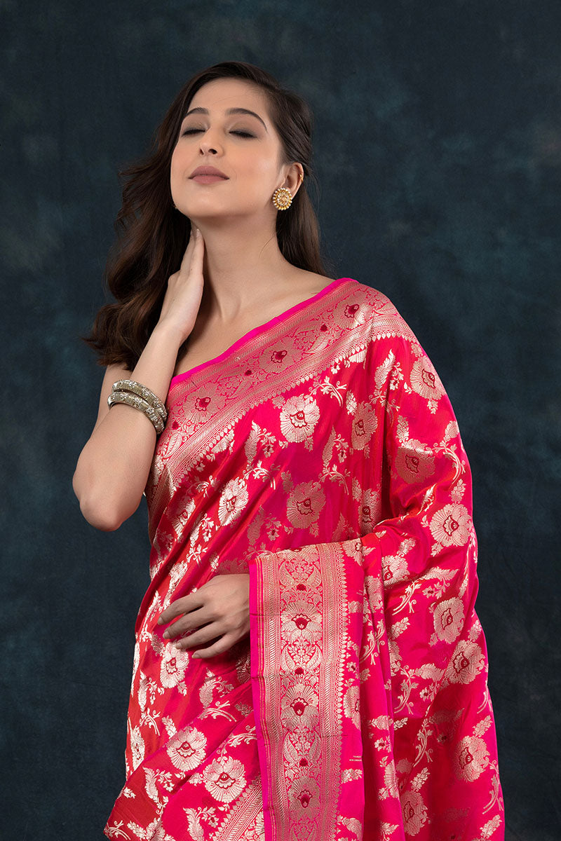 Pink Floral Meenakari Handwoven Banarasi Katan Silk Saree - Chinaya Banaras